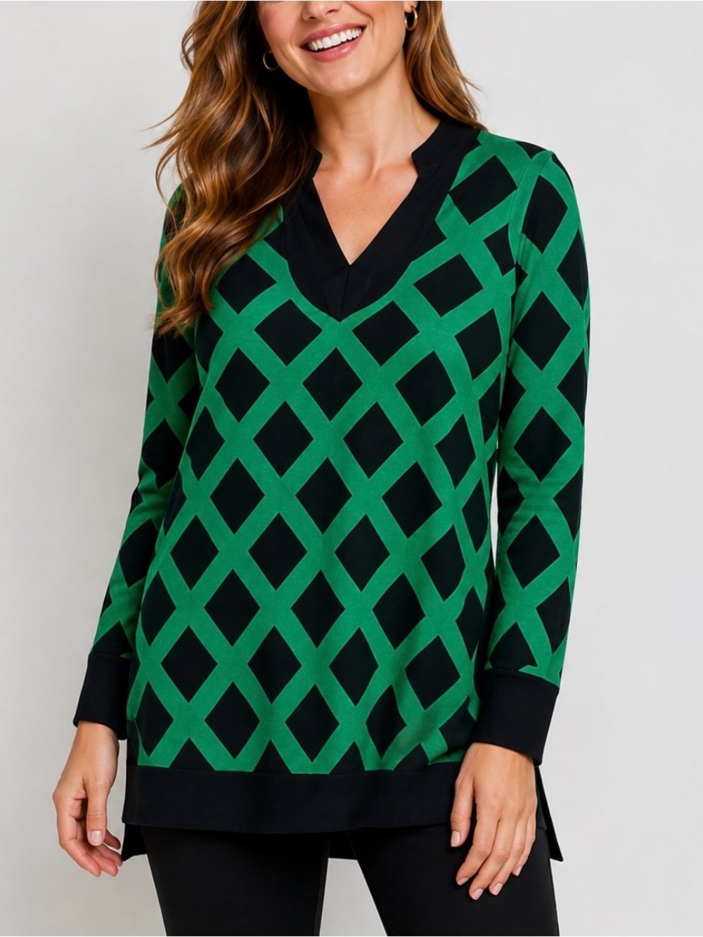 Pull Over Knit Tunic Sweater With Navy & Green Diamond Pattern